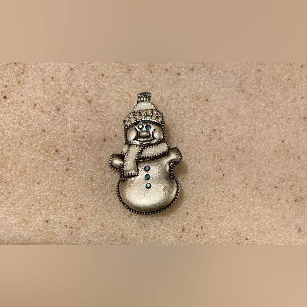 Festive Silver Snowman Brooch with Blue Details
